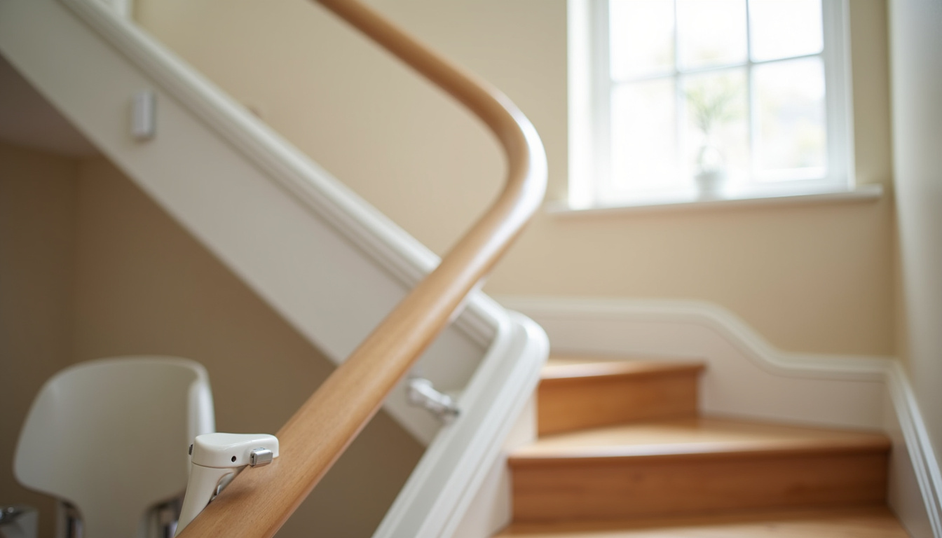Vue rapprochée d’un monte-escalier tournant en courbe sur un escalier avec palier, rail sur mesure