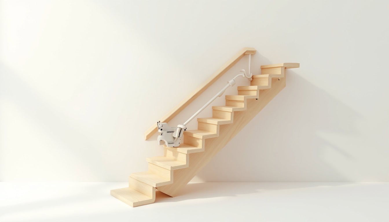 Vue schématique d’un monte-escalier avec rail tournant et siège motorisé en fonctionnement