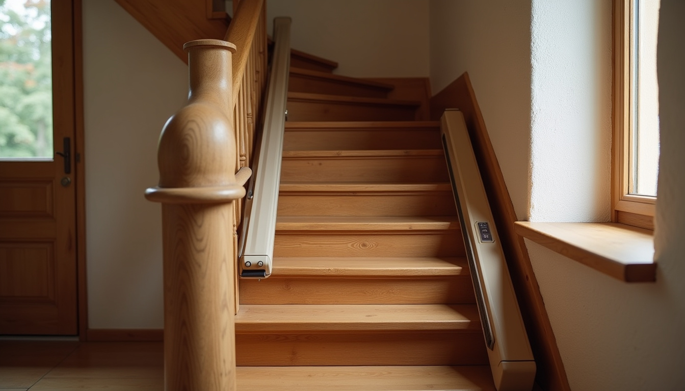 Monte-escalier installé dans une maison traditionnelle d'Arbois, intégré discrètement dans un escalier en bois
