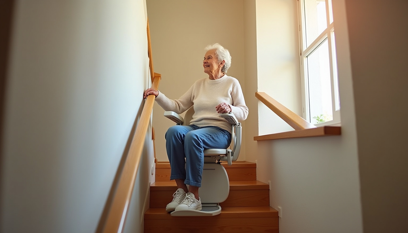 Personne âgée utilisant un monte-escalier à Belfort en toute sécurité
