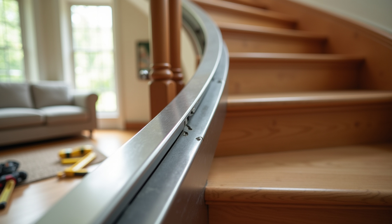Photographie d'un escalier tournant avec rail de monte-escalier en cours d'installation, montrant la complexité de la courbure et l'ajustement du rail sur mesure