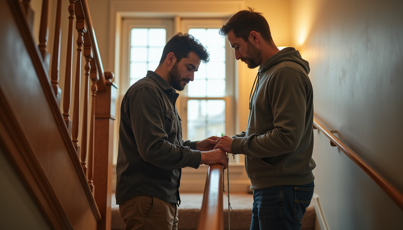 Photographie d’un technicien en train de mesurer un escalier avec un mètre, accompagné d’un client, lors d’une visite technique préparatoire à la pose d’un monte-escalier