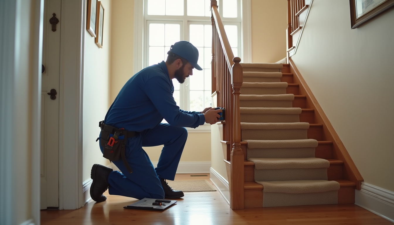 Technicien en train de mesurer un escalier lors d'une visite technique à domicile pour un devis de monte-escalier