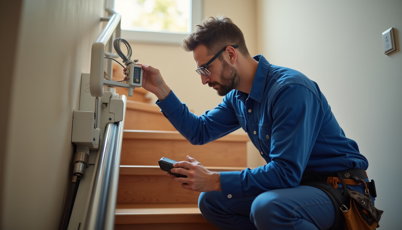 Technicien en train de vérifier un monte-escalier à Oyonnax