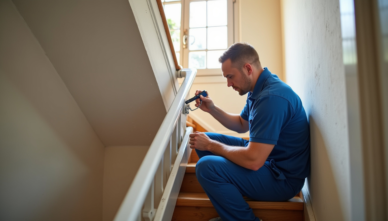 Technicien en train d’installer un monte-escalier à Bourg-en-Bresse