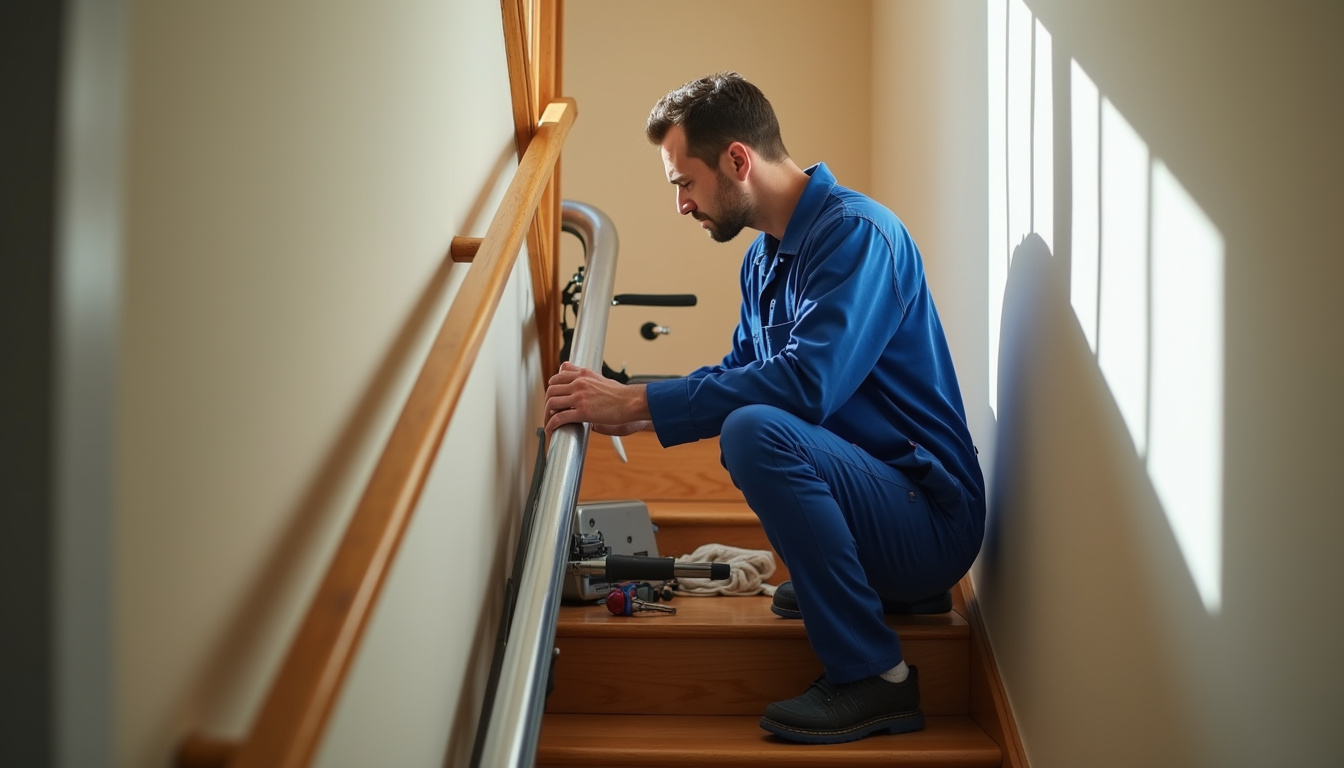 Technicien en train d'installer un monte-escalier à Dole
