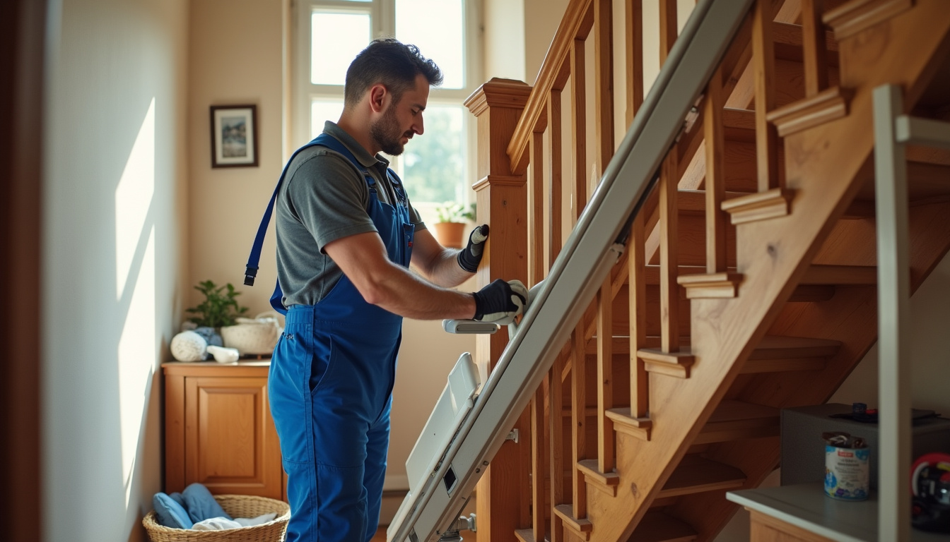 Technicien en train d'installer un monte-escalier chez un particulier à Sélestat