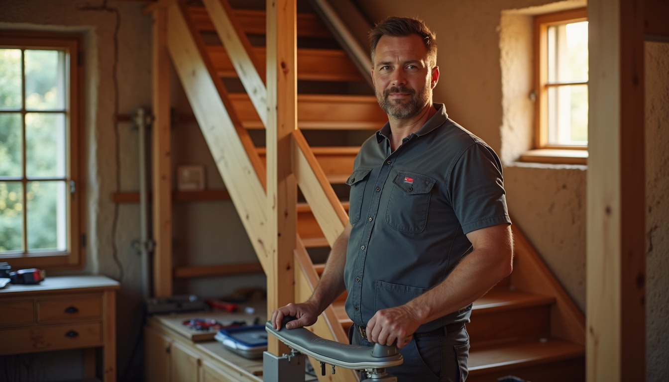 Technicien en train d’installer un monte-escalier dans un escalier en bois à Arbois