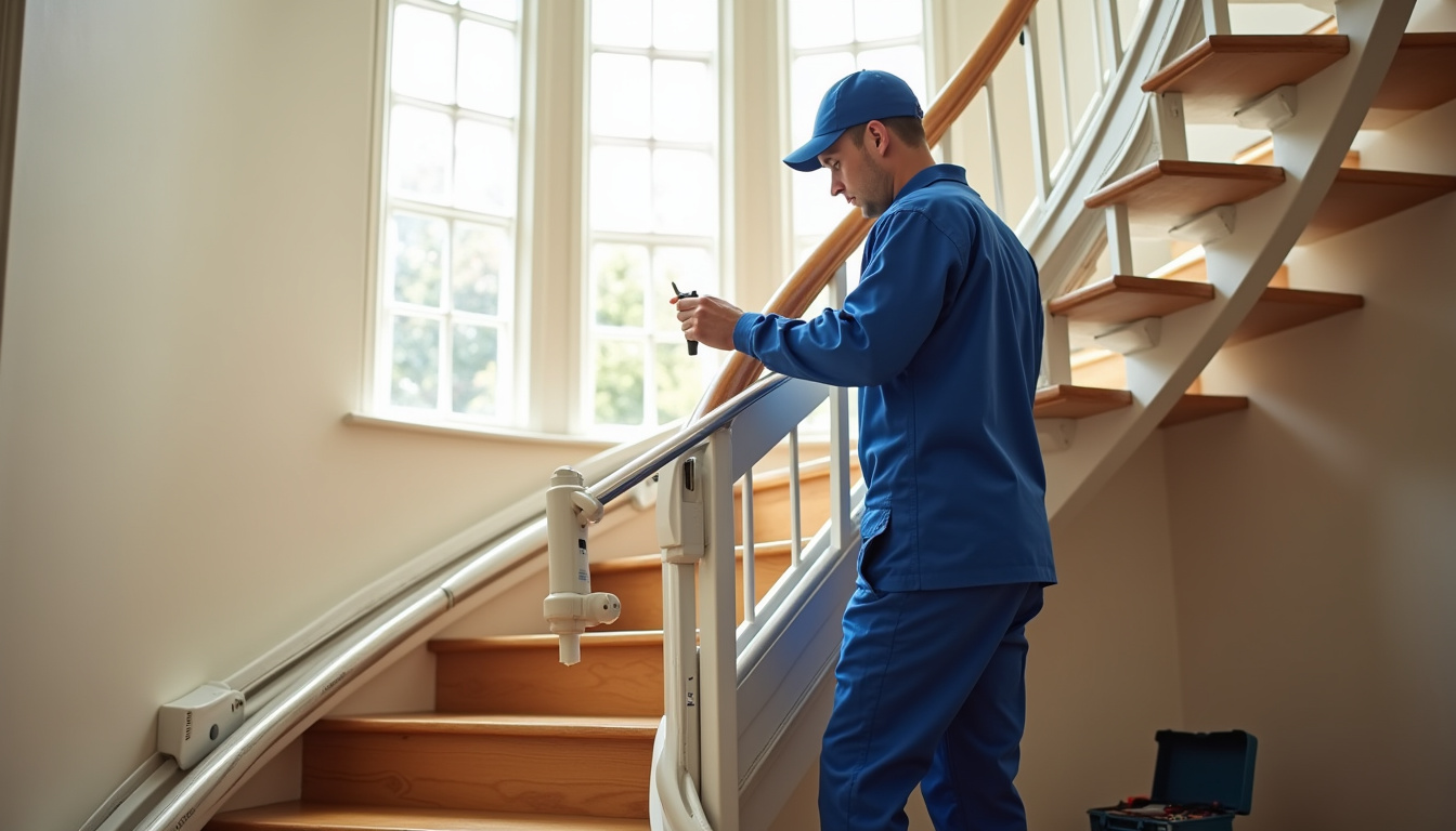 Technicien en train d’installer un monte-escalier dans une habitation