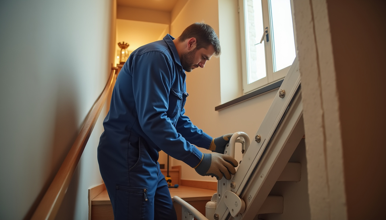 Technicien en train d'installer un monte-escalier dans une maison à Montbéliard