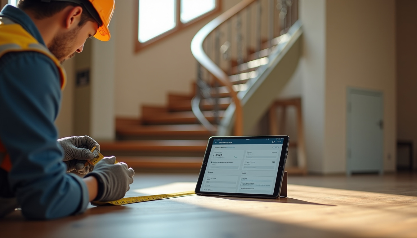 Technicien prenant des mesures sur un escalier, devis ouvert sur une tablette