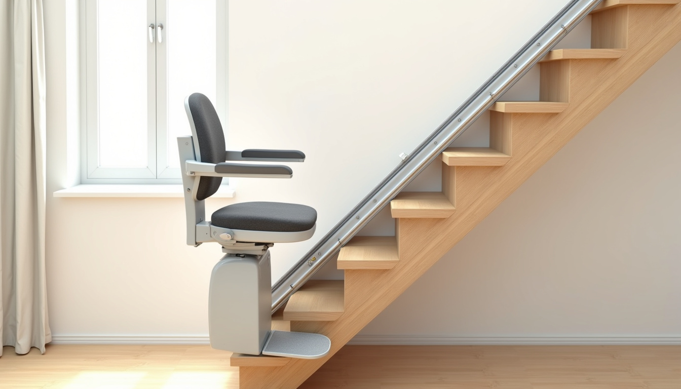 Vue schématique d’un monte-escalier avec rail installé sur escalier et siège en position d’usage