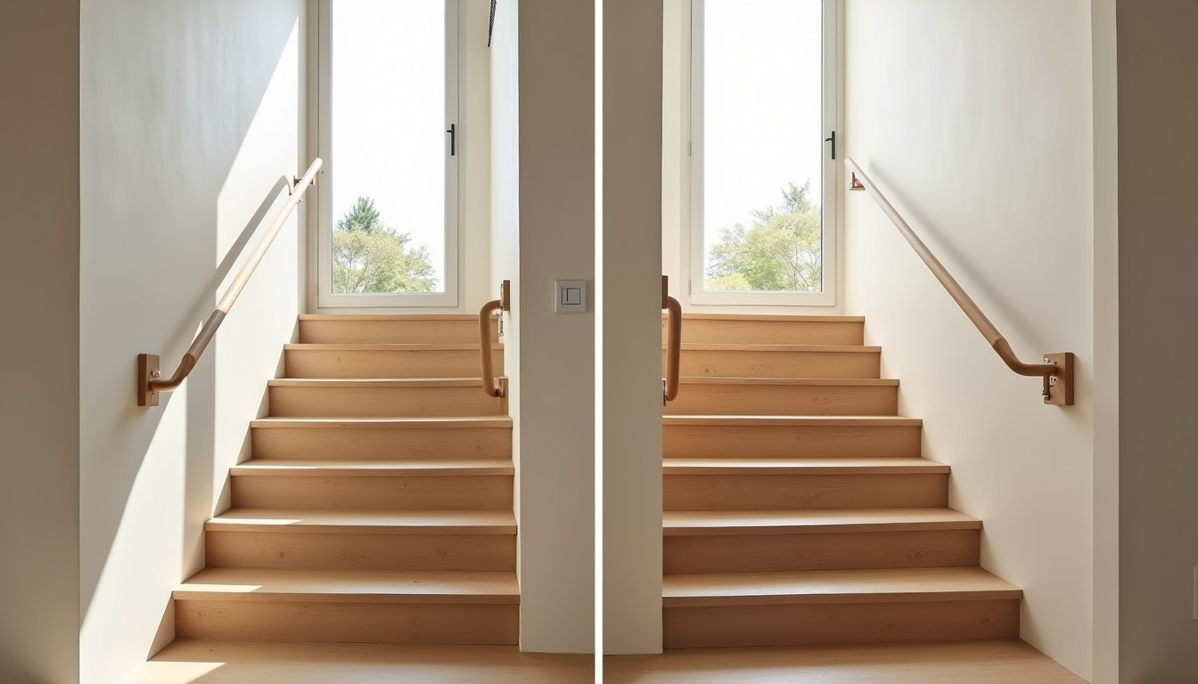 Comparaison visuelle entre un monte-escalier droit et un monte-escalier tournant installés dans une maison de Seynod