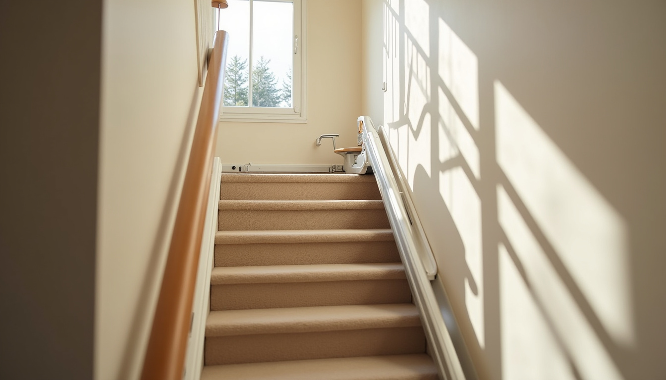 Fauteuil monte-escalier installé dans une maison à Bourgoin-Jallieu, vue d'intérieur sur un escalier droit