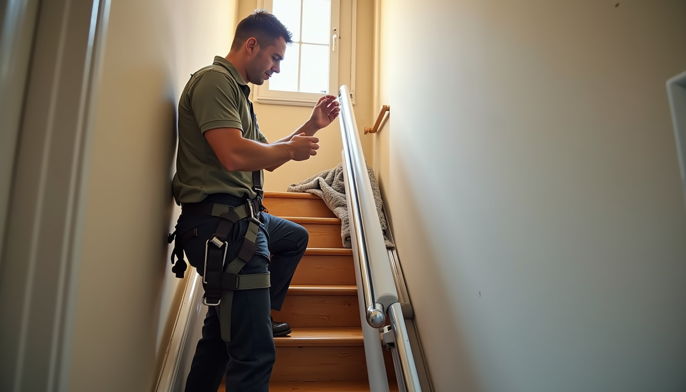 Intervention d’un technicien lors de l’installation d’un monte-escalier à Bourgoin-Jallieu