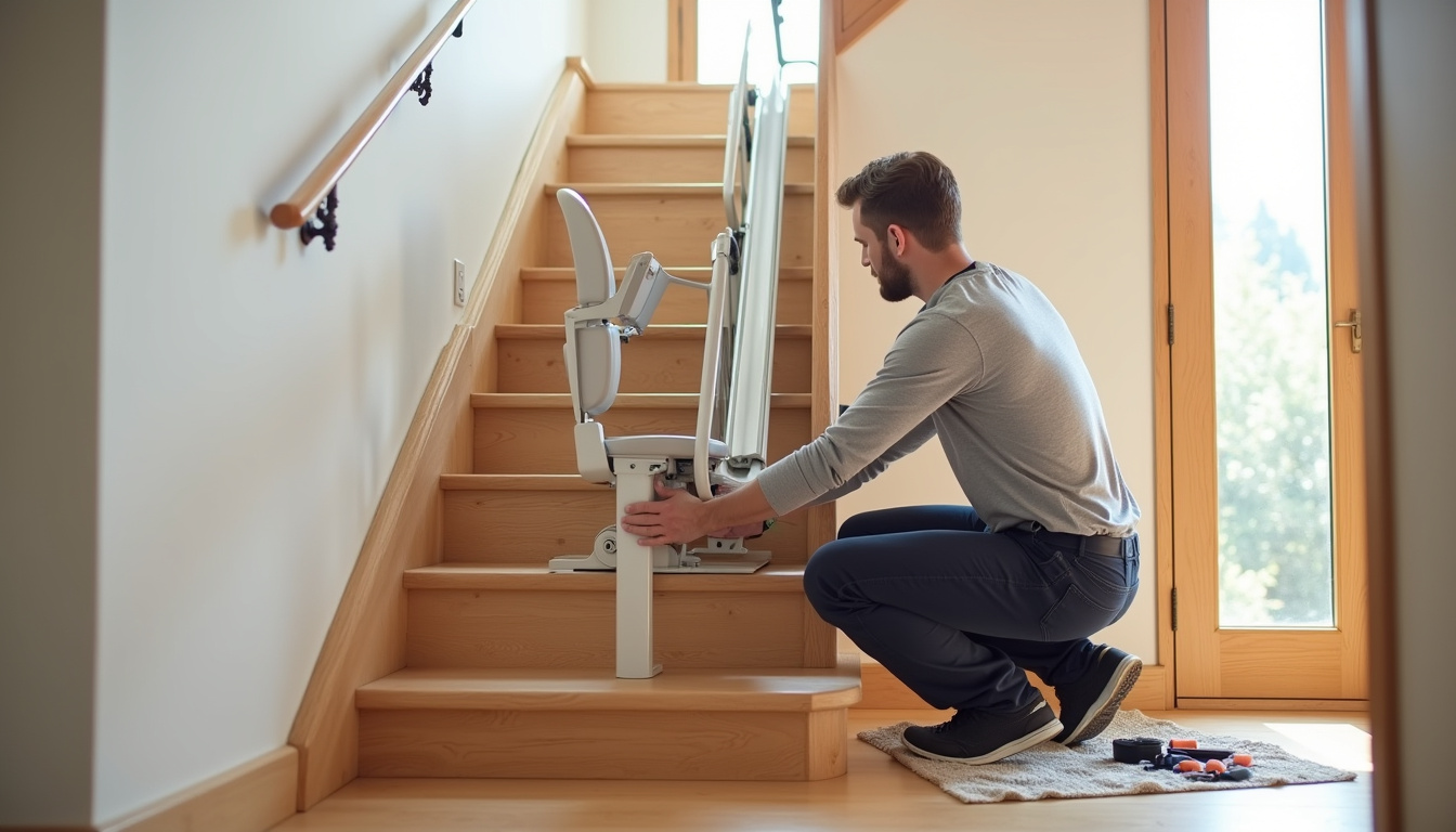 Monte-escalier droit en cours d’installation sur un escalier intérieur
