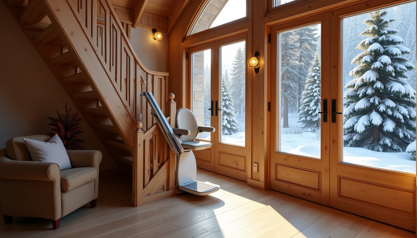 Monte-escalier droit installé dans un chalet à Courchevel