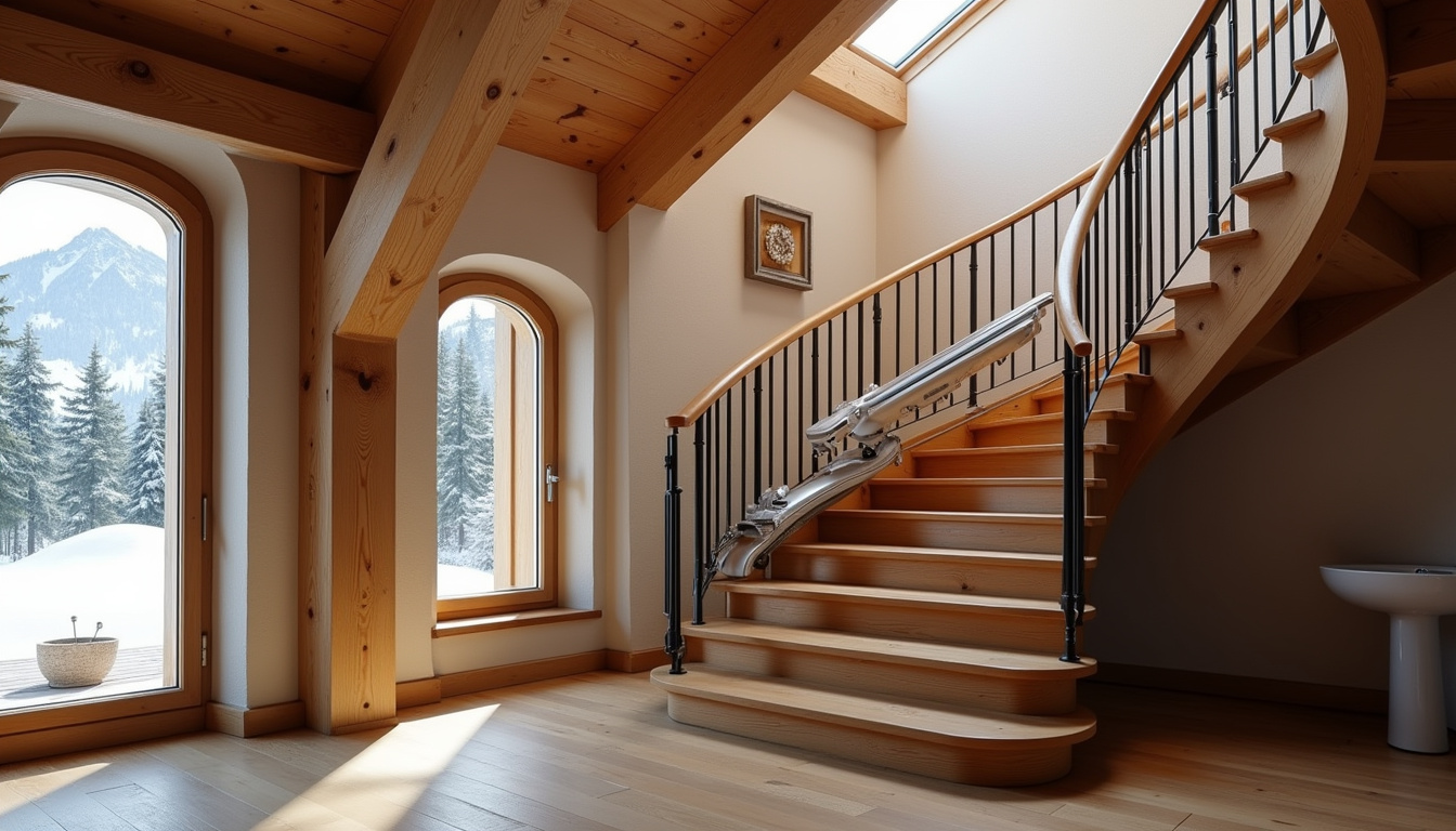 Monte-escalier en colimaçon installé dans un escalier en spirale à Les Ménuires