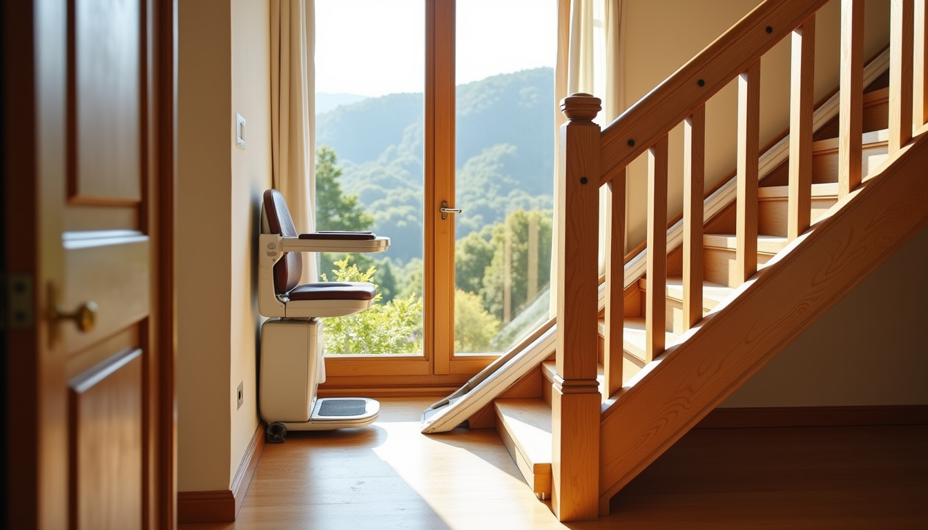 Monte-escalier installé dans une maison typique d'Aix-les-Bains avec vue sur les collines
