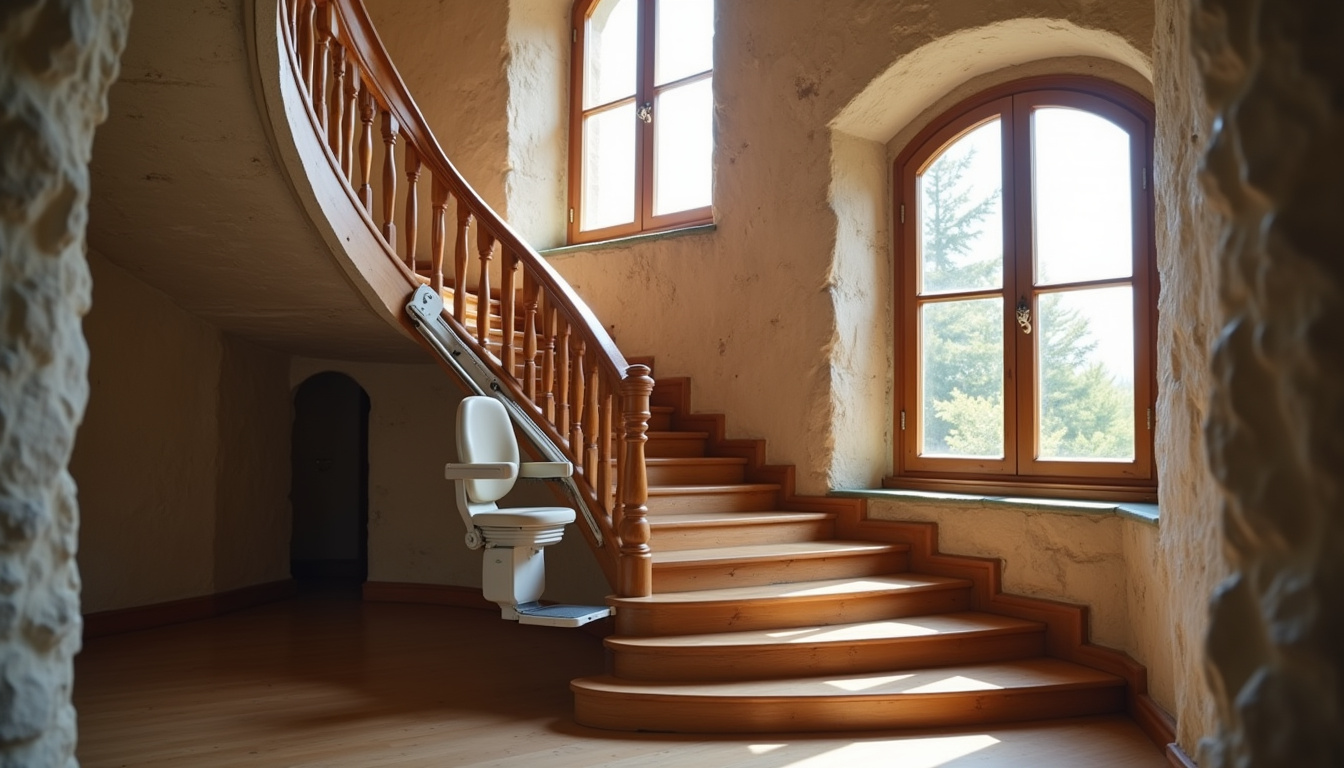 Monte-escalier installé sur un escalier tournant dans une maison ancienne à Tarare