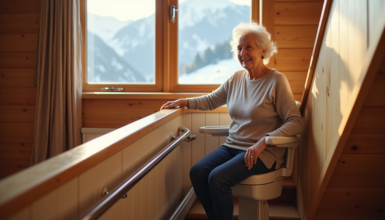 Personne âgée utilisant un monte-escalier dans une maison de Bourg-Saint-Maurice