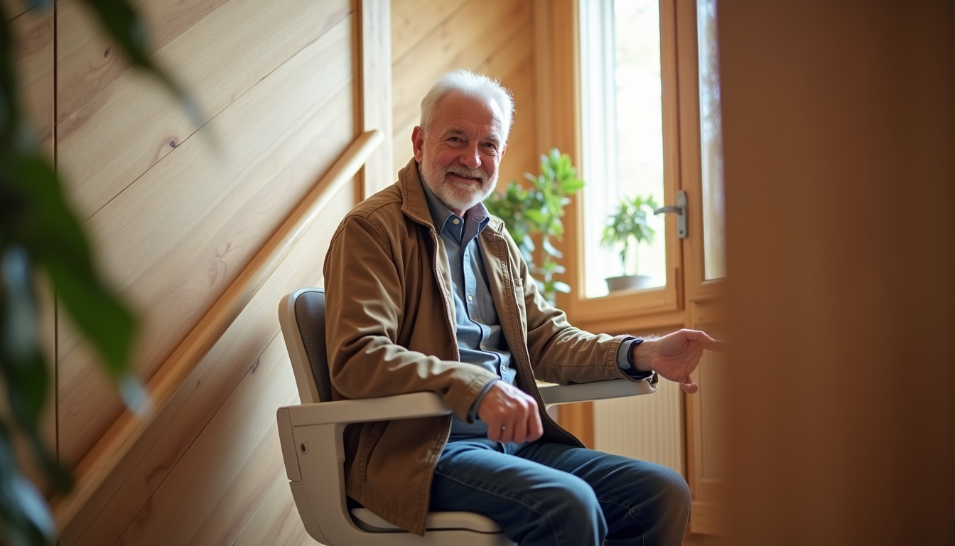 Senior utilisant un monte-escalier à Moûtiers, souriant et en sécurité