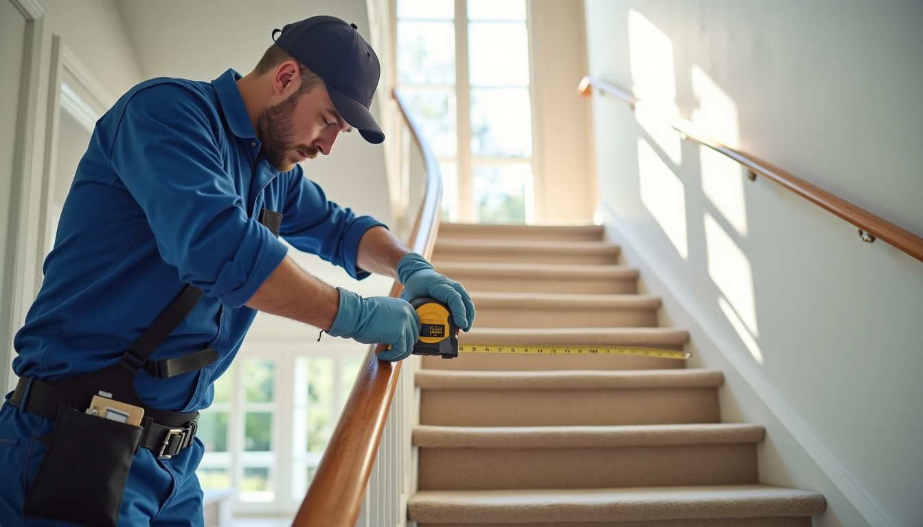 Technicien en train de mesurer un escalier pour un devis de monte-escalier à Chambéry