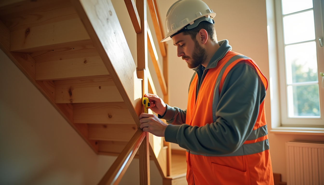 Technicien en train de mesurer un escalier pour un devis de monte-escalier en Vienne