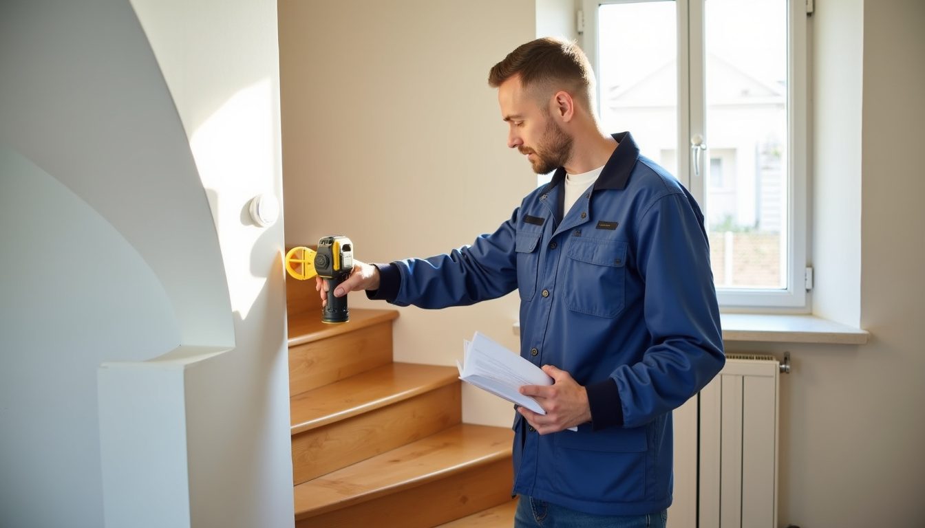 Technicien en train de mesurer un escalier pour une installation sur mesure dans l'Eure