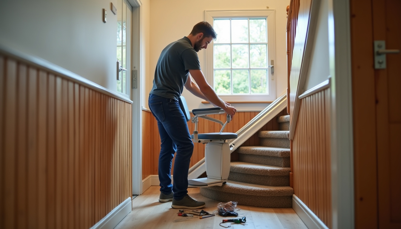 Technicien en train de poser un monte-escalier intérieur dans une maison de La Tour-du-Pin, avec vérification du rail et du siège