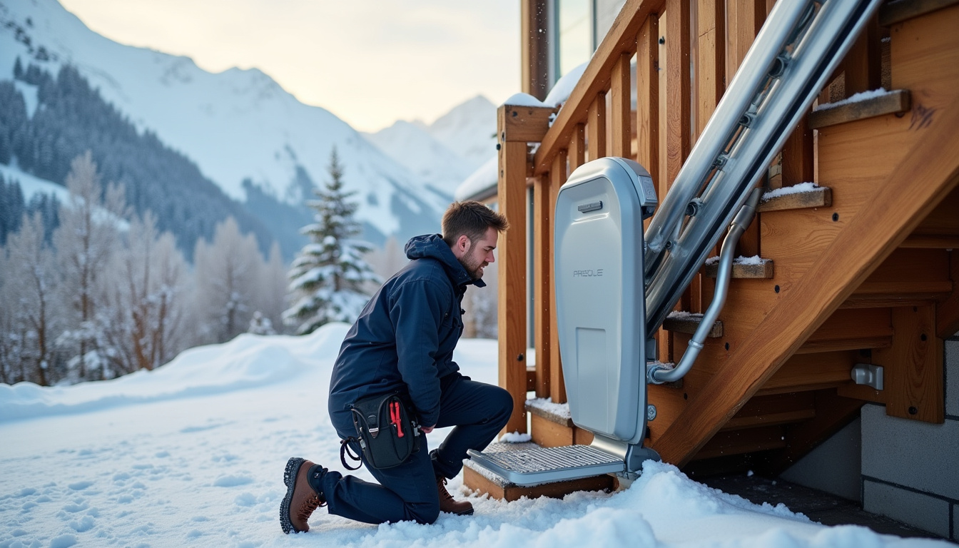 Technicien en train de vérifier un monte-escalier à Val Thorens