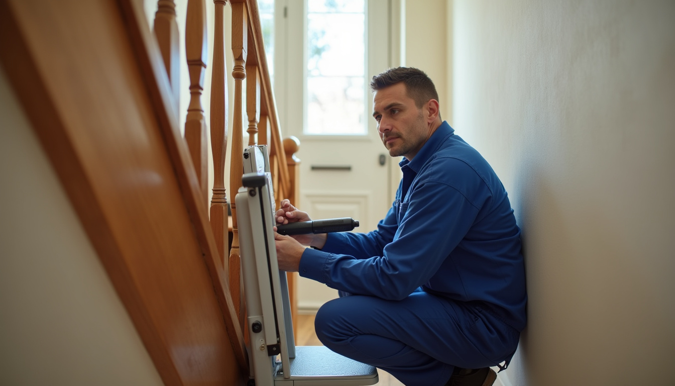 Technicien en train de vérifier un monte-escalier lors d'une maintenance à Sotteville-lès-Rouen