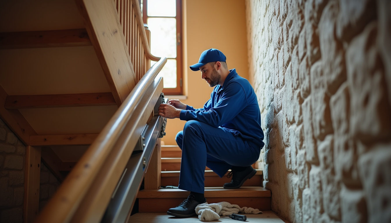 Technicien en train d’installer un monte-escalier à Rumilly