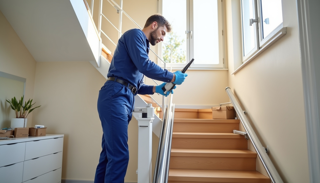 Technicien en train d'installer un monte-escalier dans une maison à Aix-les-Bains