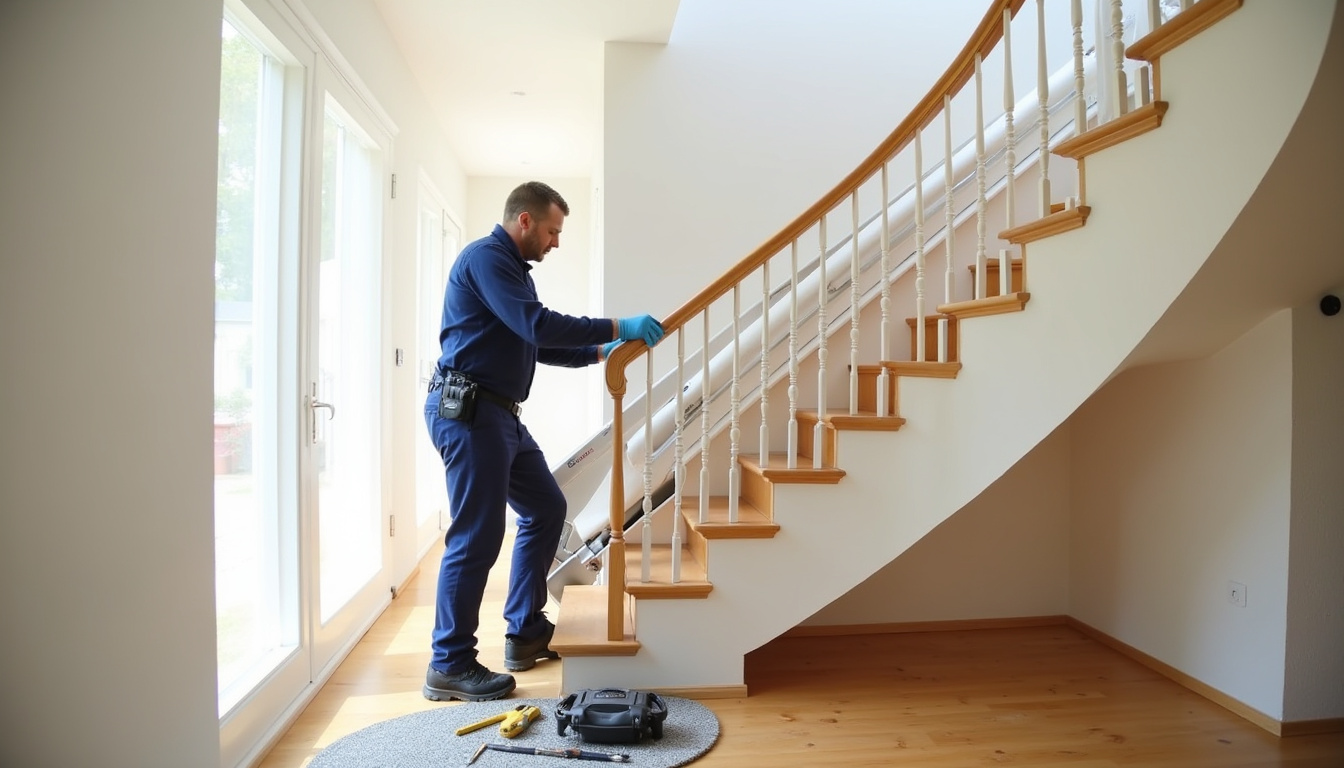 Technicien en train d’installer un monte-escalier dans une maison à Cluses