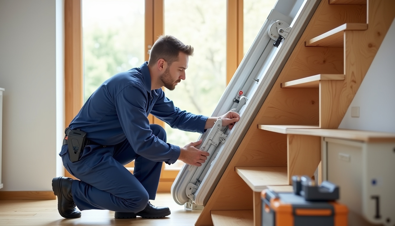 Technicien en train d’installer un monte-escalier dans une maison à La Roche-sur-Foron