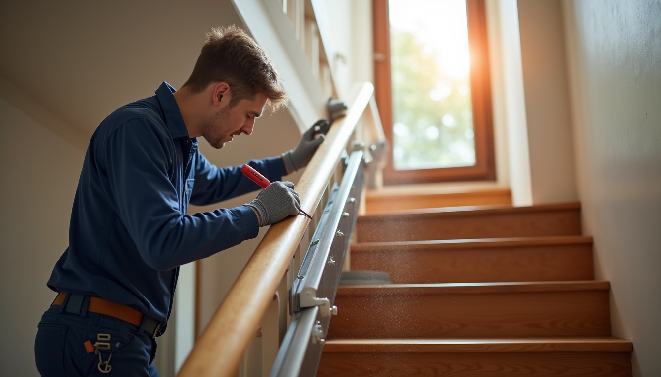 Technicien en train d’installer un monte-escalier dans une maison à Villefranche-sur-Saône