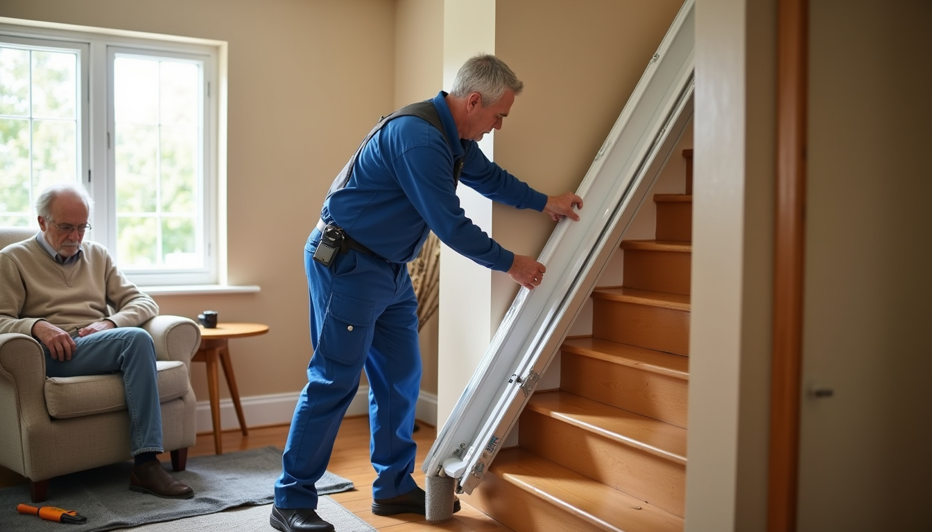 Technicien en train d’installer un monte-escalier dans une maison d’Albertville, en présence du propriétaire