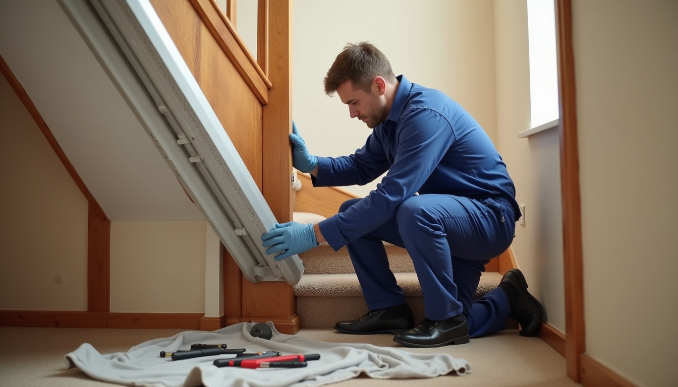 Technicien en train d'installer un monte-escalier dans une maison de Soissons