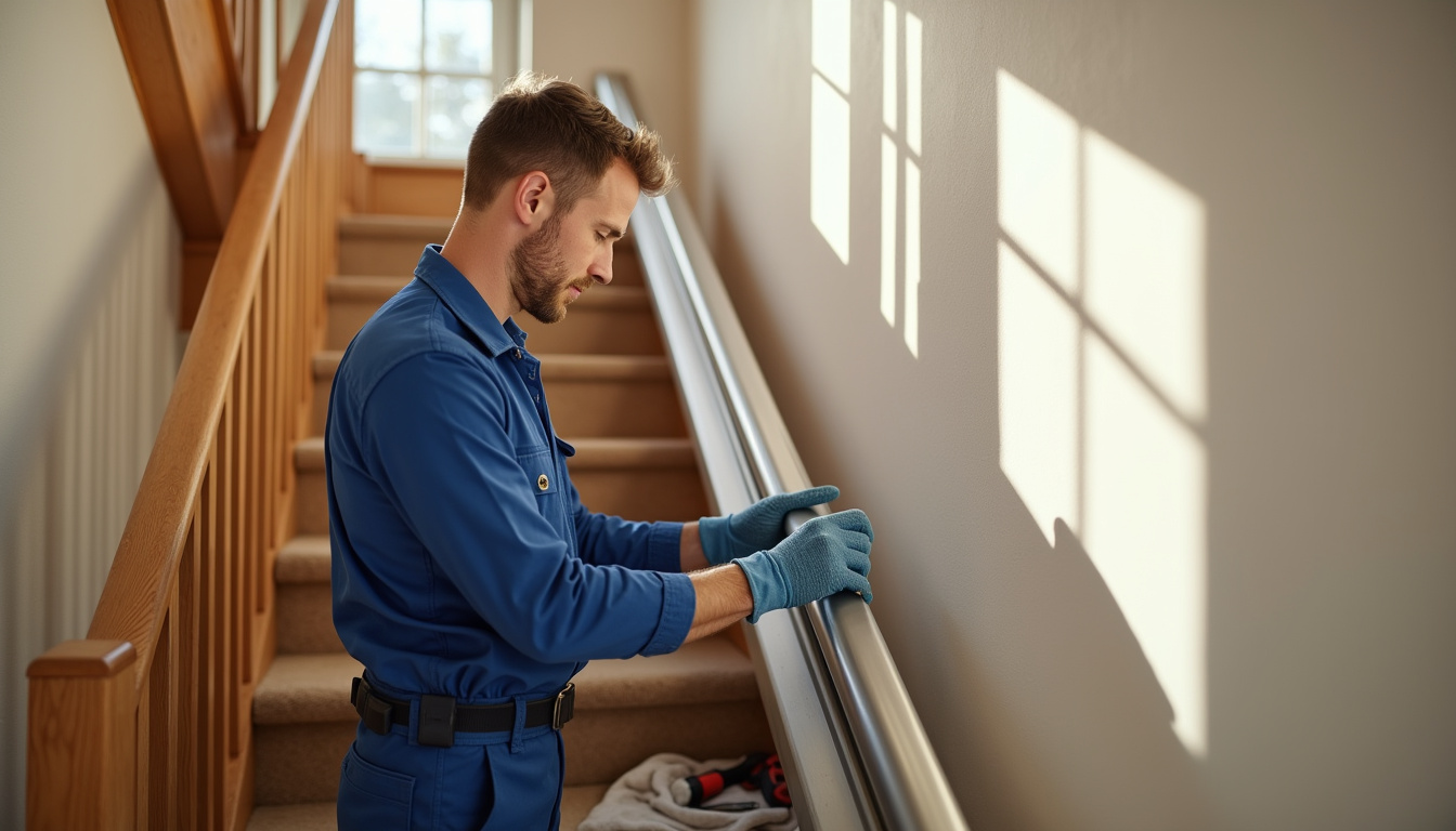 Technicien en train d'installer un monte-escalier dans une maison en Vienne