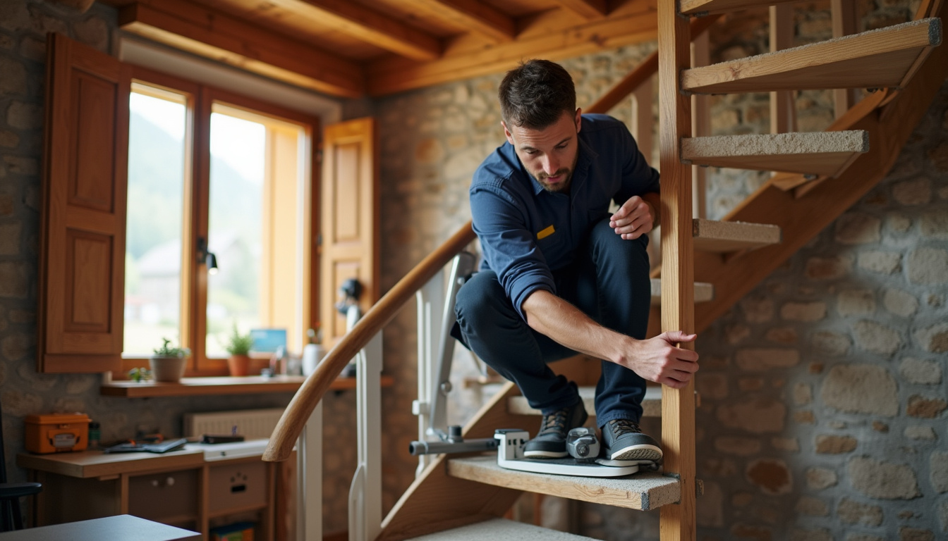 Technicien en train d’installer un monte-escalier tournant dans une maison à Moûtiers