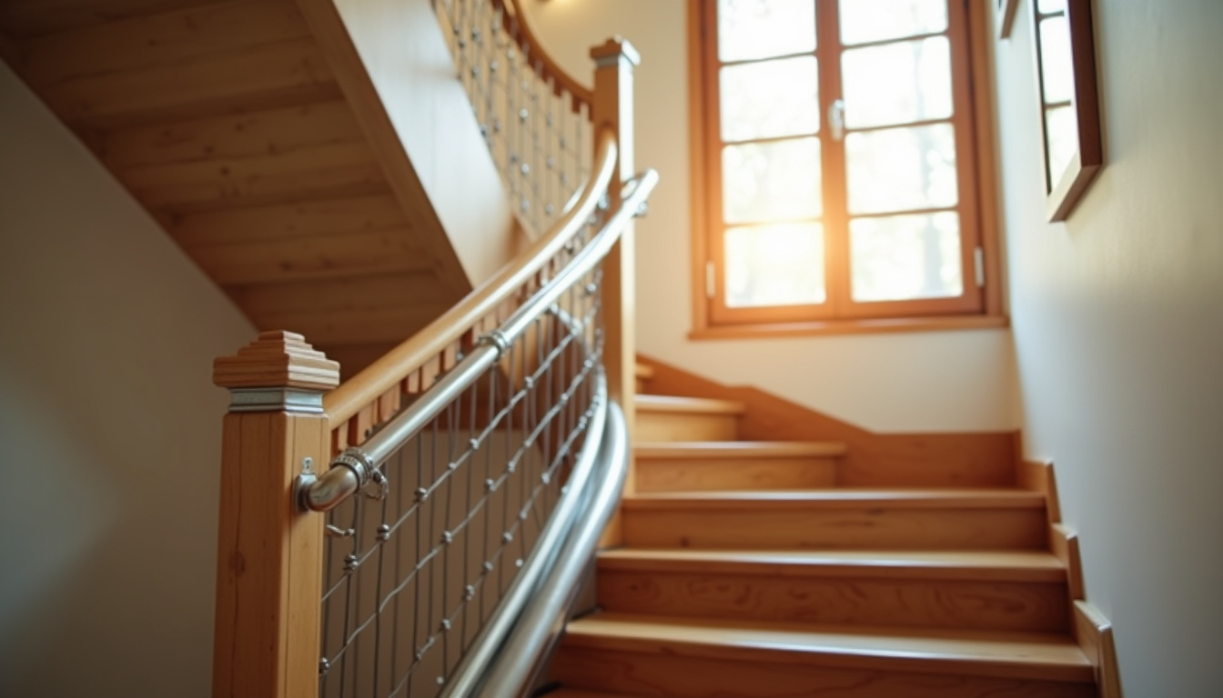 Vue d’un monte-escalier tournant intégré dans un escalier en colimaçon